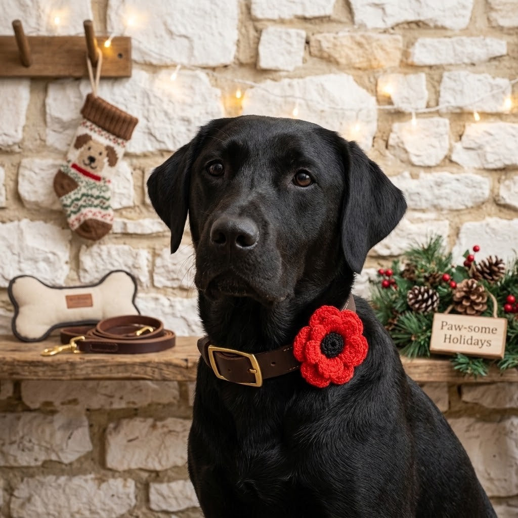 A black dog wearing a brown leather collar with a red crocheted flower accent, posed in front of a rustic stone wall with holiday decorations.