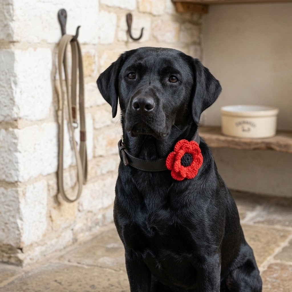 A black Labrador retriever wearing a black collar with a red and black crocheted poppy flower, sitting in front of a rustic stone wall.