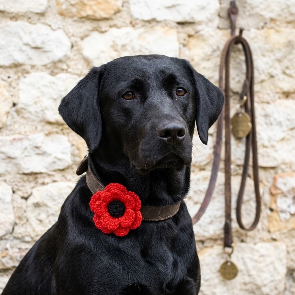 A black dog wearing a brown collar with a bright red crocheted poppy flower, posed against a rustic stone wall with a leather leash hanging behind it.