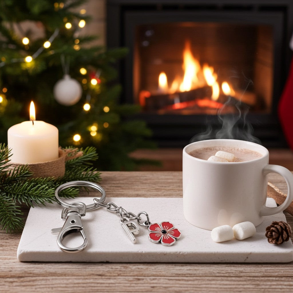 Poppy keyring on a stone in front of a fire with Christmas tree behind and a cup of hot chocolate.