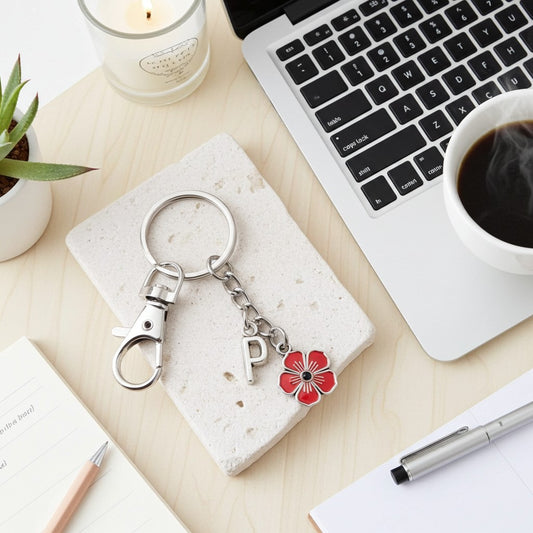 A silver metal keychain with a lobster clasp, a letter 'P' charm, and a red flower charm, displayed on a textured stone block on a light wood desk surrounded by a laptop, coffee, candle, and notebook.