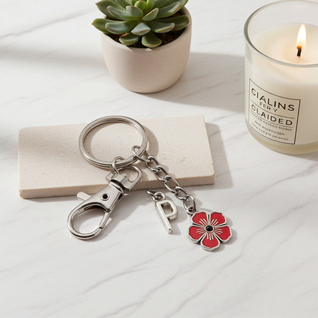 A silver metal keychain with a lobster clasp, a letter charm, and a red flower charm, displayed on a marble surface next to a candle and a small potted succulent.