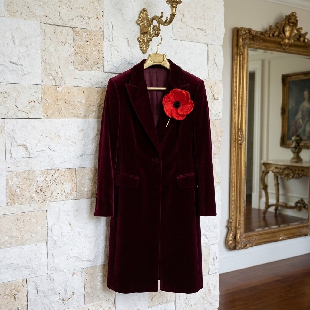 A long burgundy velvet coat hanging on a wooden hanger against a light stone wall, with a large red poppy flower pinned to the left lapel. A gold wall-mounted candelabra and an ornate gold mirror are visible in the background.