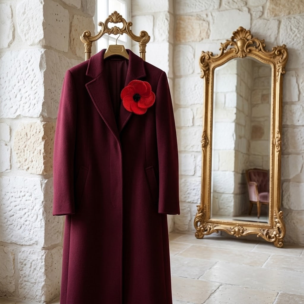 A long burgundy wool coat hanging on a decorative gold hanger against a white stone wall, featuring a large red poppy flower pin on the chest. An ornate gold-framed mirror stands to the right in a sunlit interior.