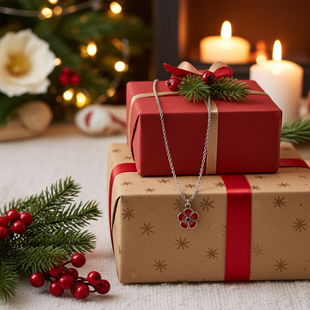 A silver necklace with a red and white flower pendant is draped over two stacked Christmas gift boxes. The top box is red with a gold ribbon and pine sprig, and the bottom box is kraft brown with a red ribbon.