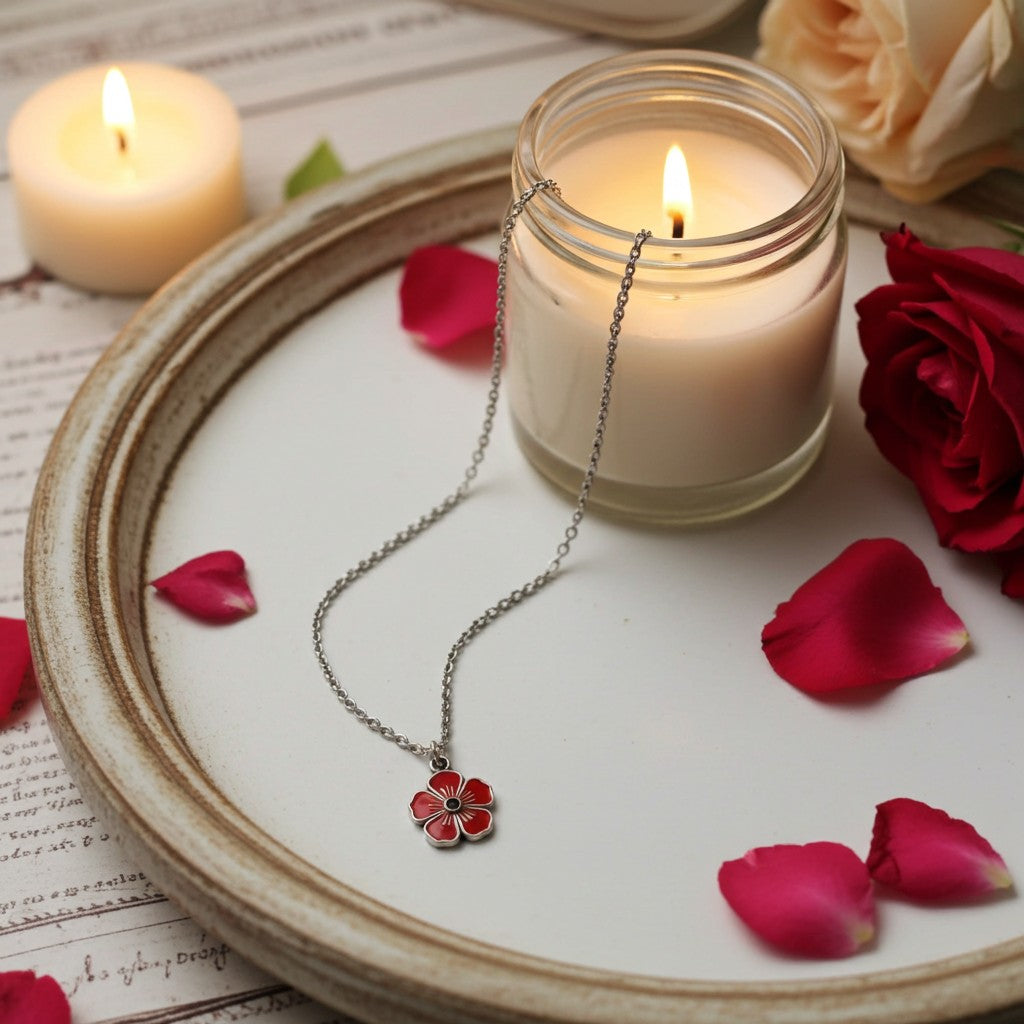 A silver-toned chain necklace with a small red flower pendant is displayed on a white tray beside lit candles, rose petals, and red roses.