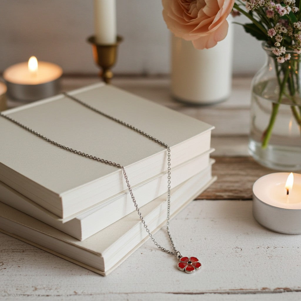 A delicate silver chain necklace with a small red flower pendant rests on a stack of white books on a rustic white wooden table, surrounded by lit tea lights, a vase of peach roses, and a candlestick.