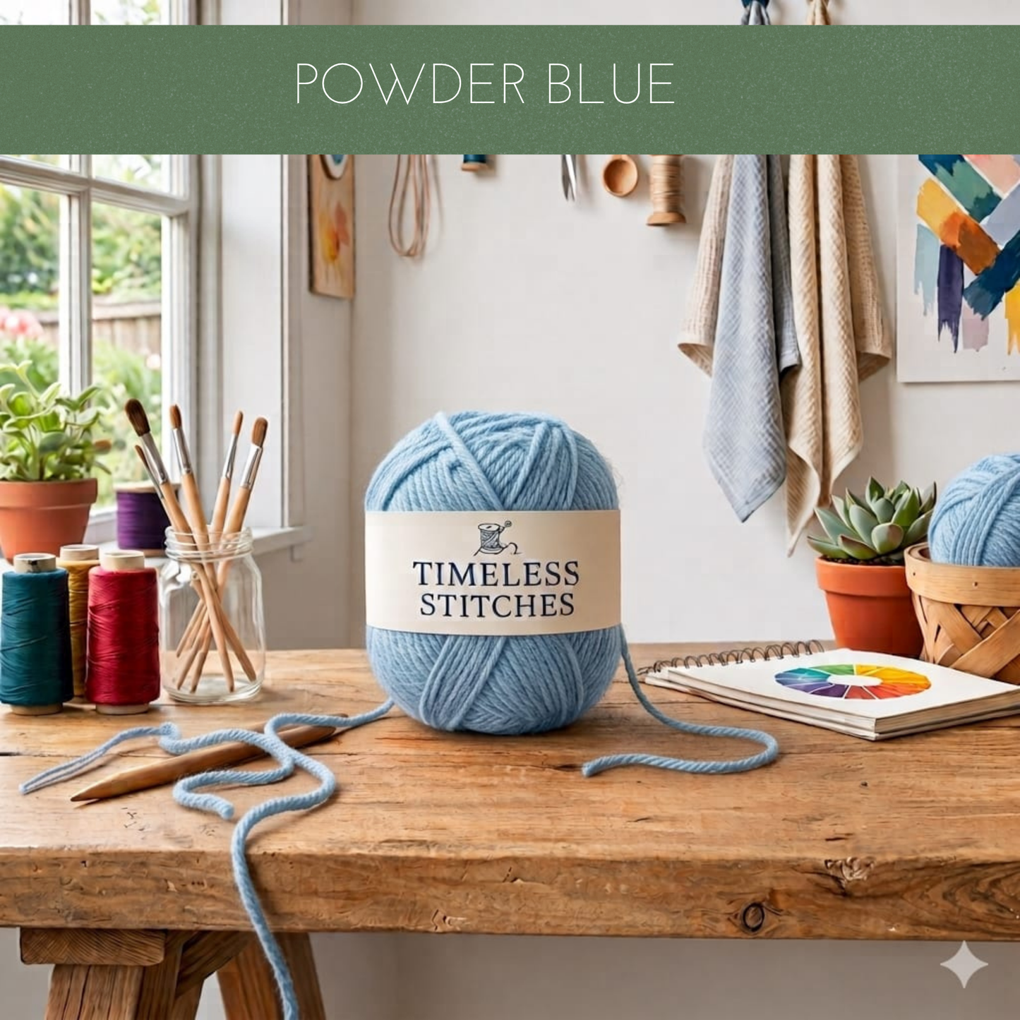 A ball of powder blue yarn sits on a wooden table in a bright craft room setting, with knitting needles, yarn spools, plants, and a notebook nearby. A green banner at the top reads 'POWDER BLUE' and the yarn label shows the brand 'TIMELESS STITCHES'.