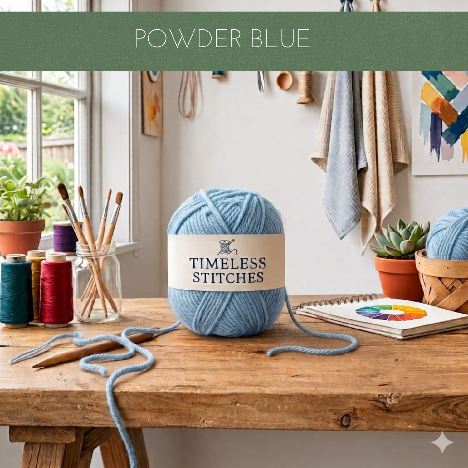 A ball of powder blue yarn sits on a wooden table in a bright craft room setting, with knitting needles, yarn spools, plants, and a notebook nearby. A green banner at the top reads 'POWDER BLUE' and the yarn label shows the brand 'TIMELESS STITCHES'.