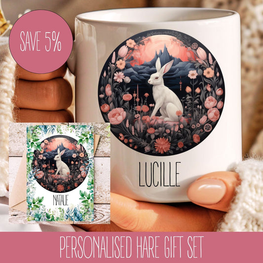 A personalised gift set featuring a white mug with a hare and floral design, and a matching A5 card, both with custom text.