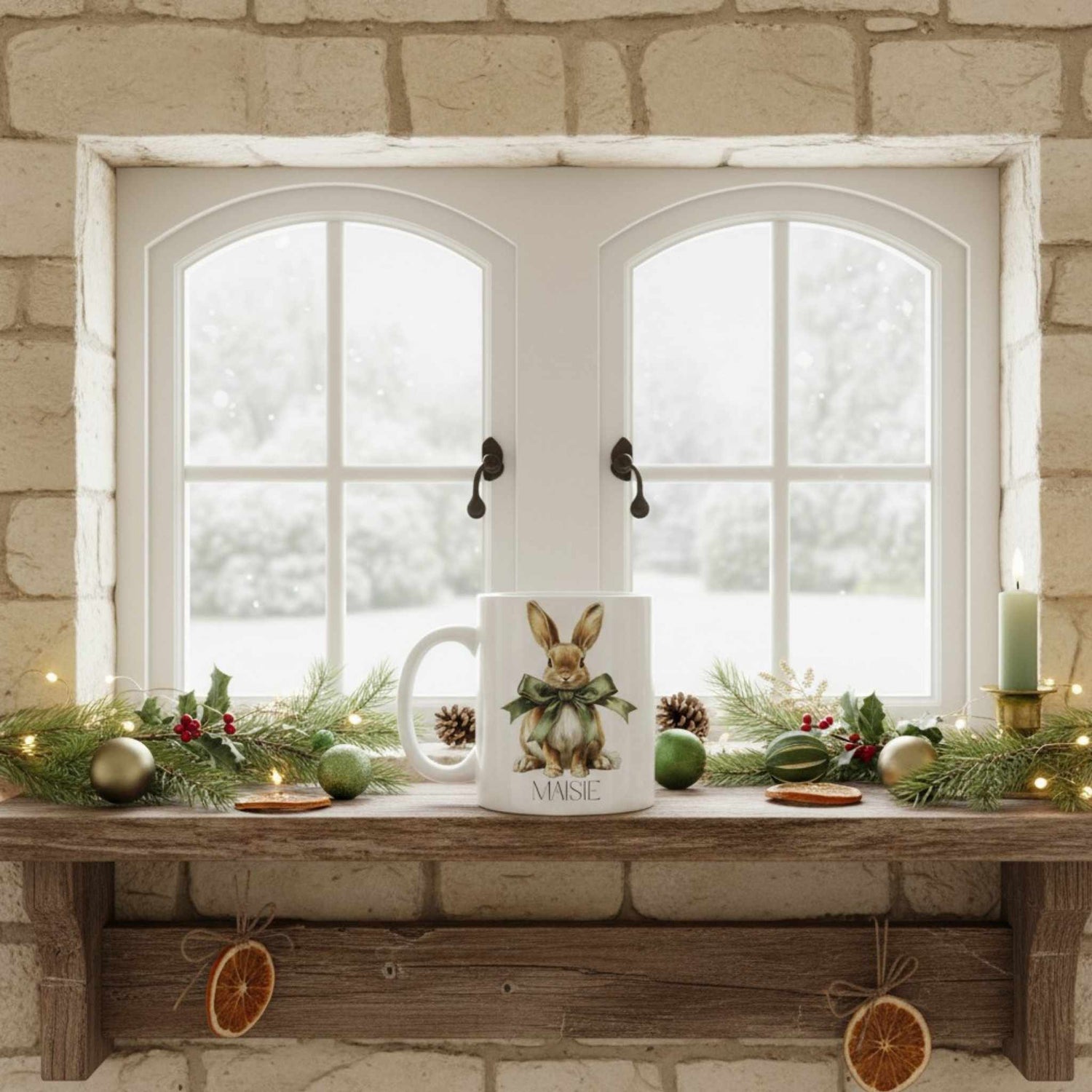 Mug with a hare design on a windowsill with festive decorations