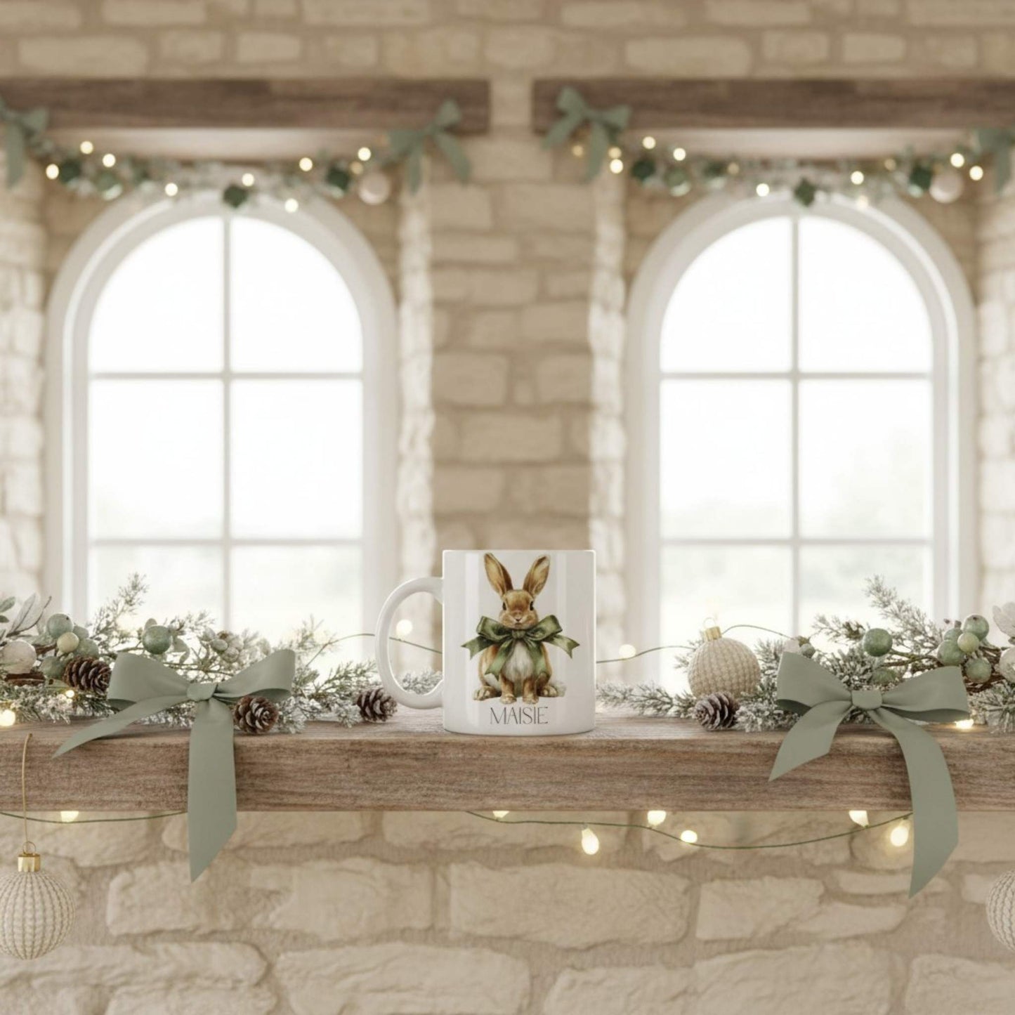 Mug with a hare design on a decorated mantelpiece with greenery and lights.
