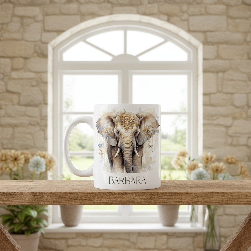 Mug with an elephant design and name 'BARBARA' on a wooden shelf with a stone wall background.