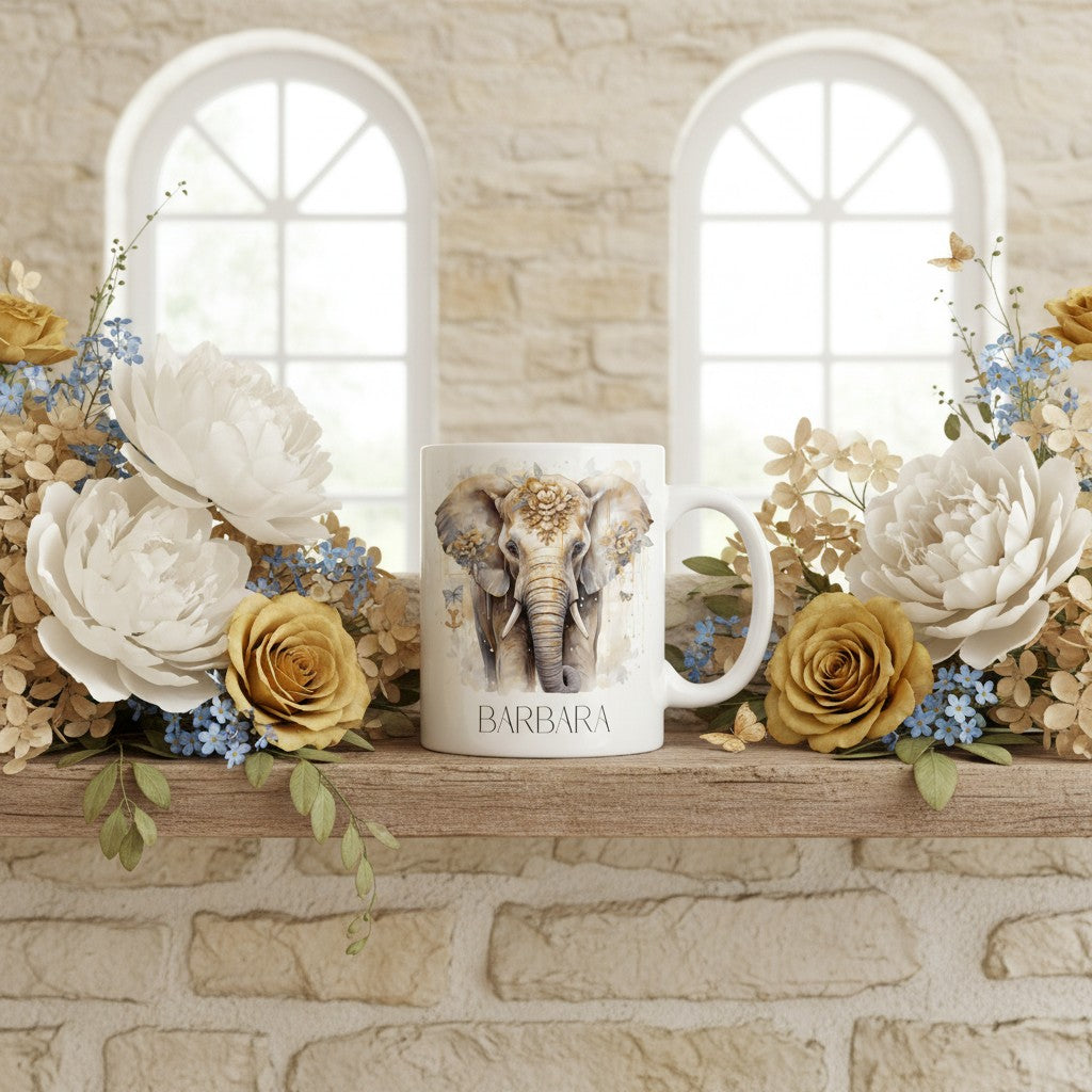 Mug with an elephant design on a decorative shelf with flowers against a stone wall.