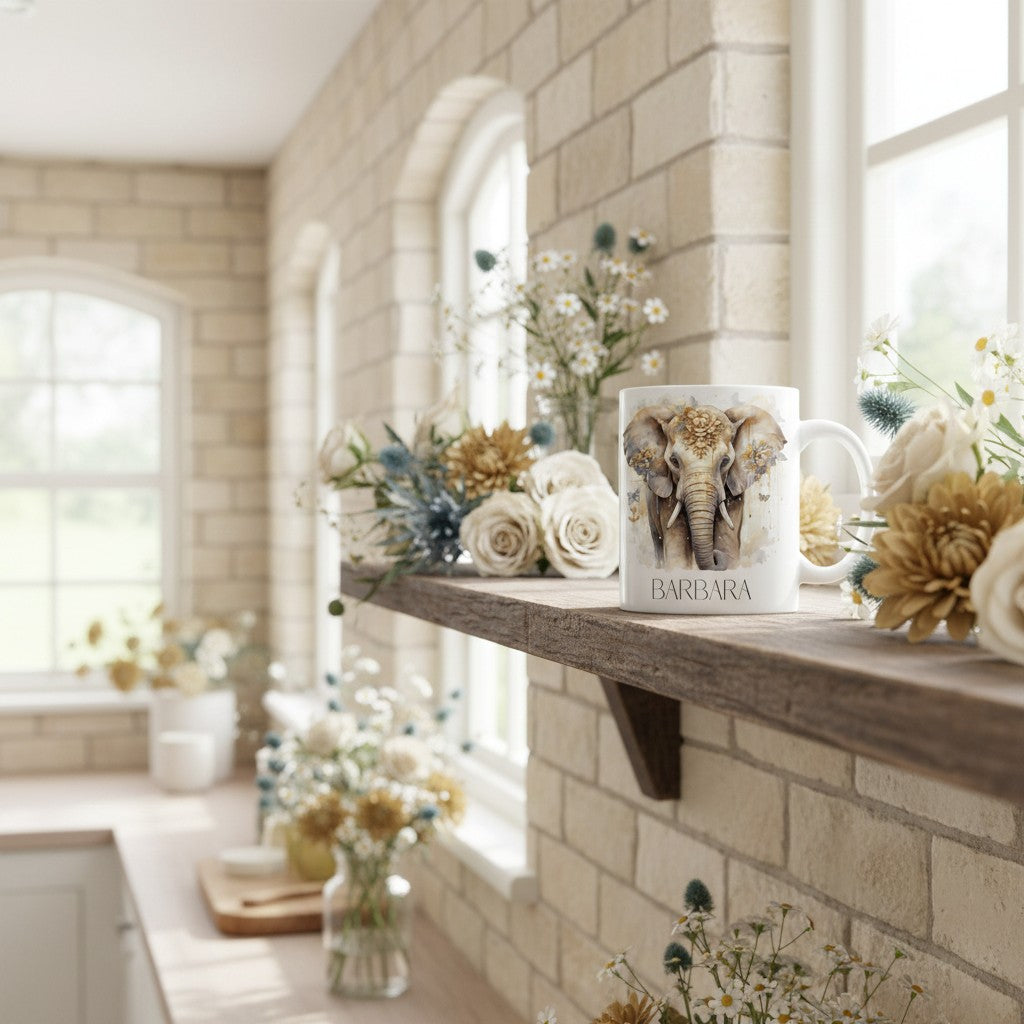 Decorative shelf with flowers and a mug featuring an elephant design in a bright room.