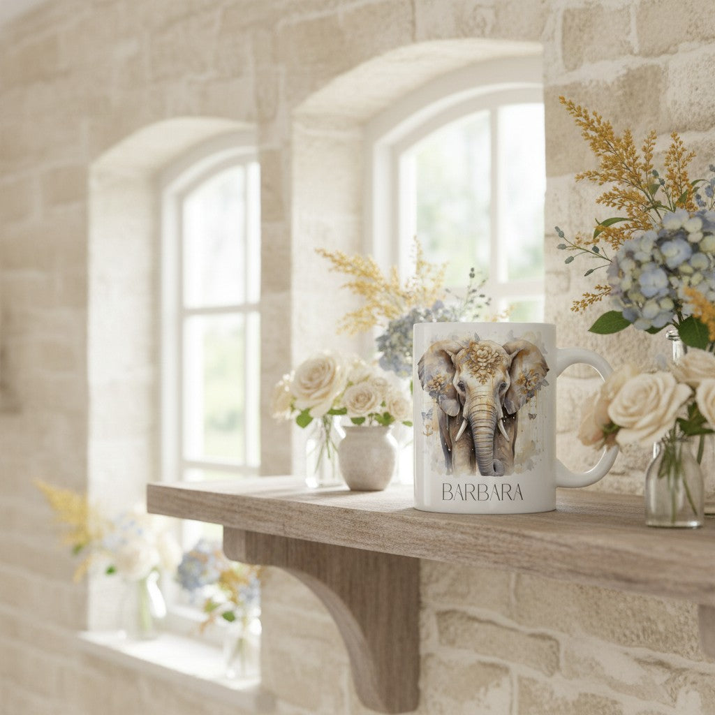 Mug with elephant design on a wooden shelf with flowers and a stone wall background