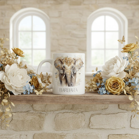 Mug with an elephant design on a decorative shelf with flowers