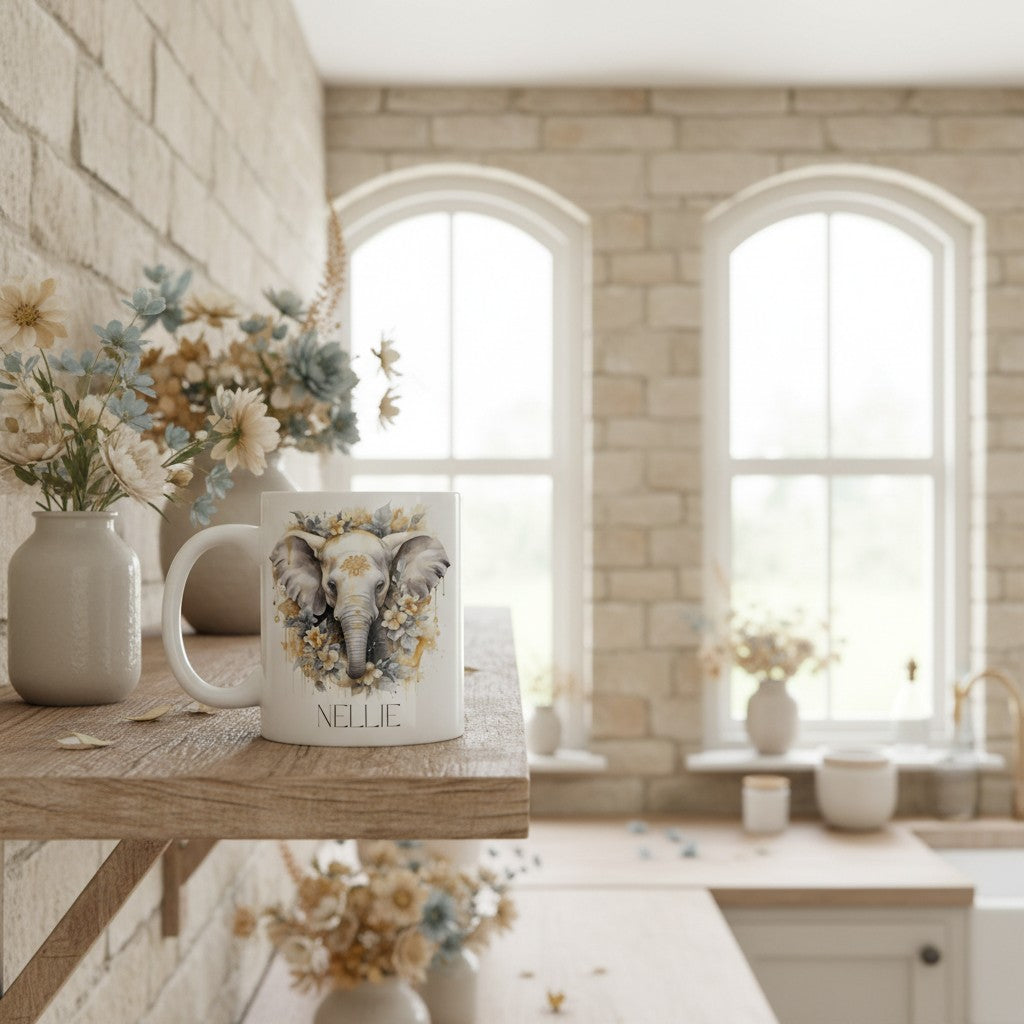 Ceramic mug with an elephant design on a wooden table in a bright room with large windows.
