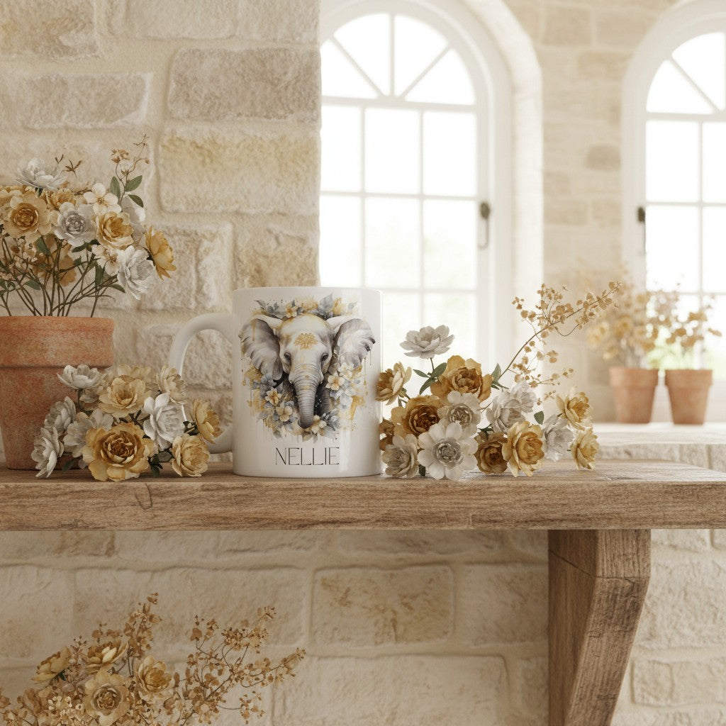 Decorative mug with elephant design and 'Nellie' text on a wooden surface with floral arrangements.