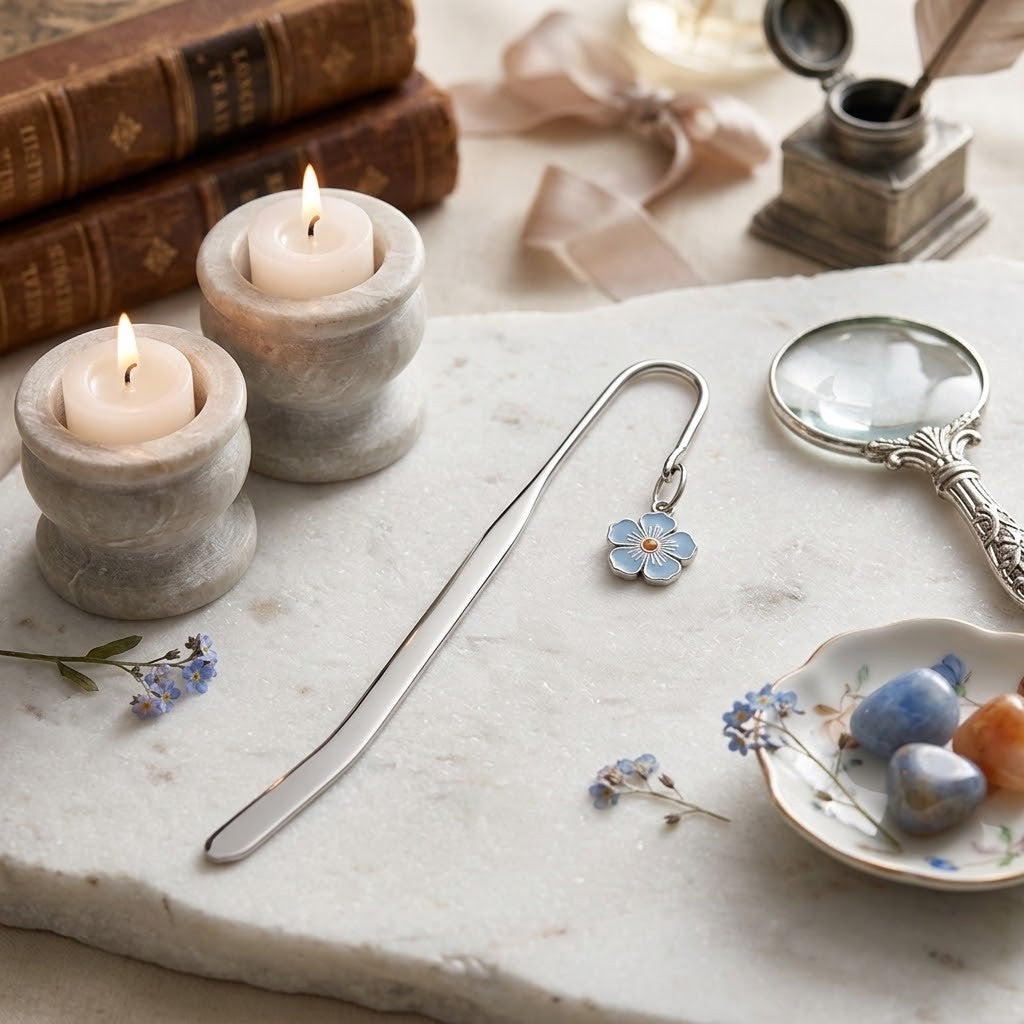 A silver metal bookmark shaped like a small blue flower with white enamel details, displayed on a light stone slab alongside two lit candles in stone holders, an antique-style magnifying glass, old books, and small decorative stones.
