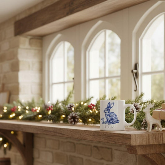 Mug with a folksy hare design on a wooden surface in a cosy room with windows and decorations.