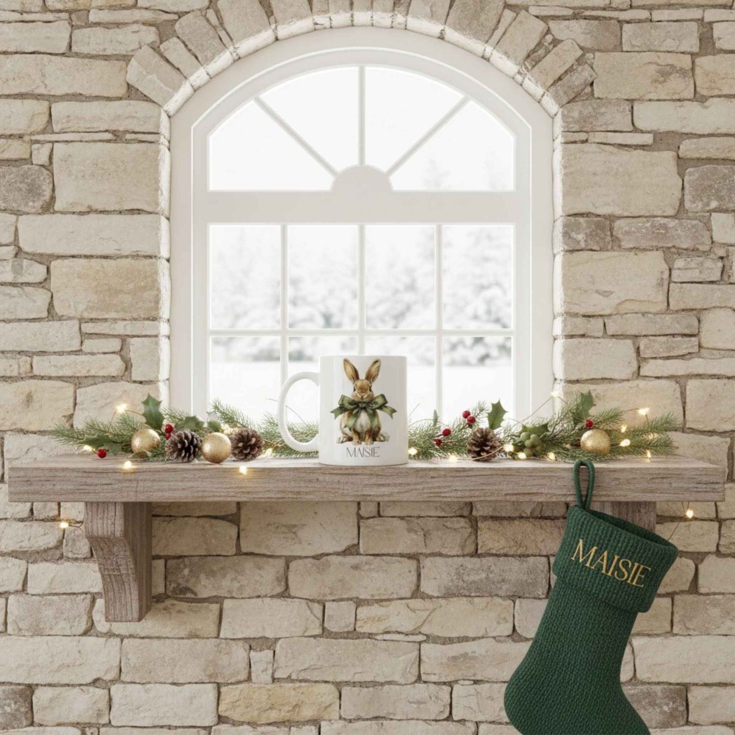 Mantle decorated with Christmas decor, including a hare mug and green stocking, against a stone wall with a window.