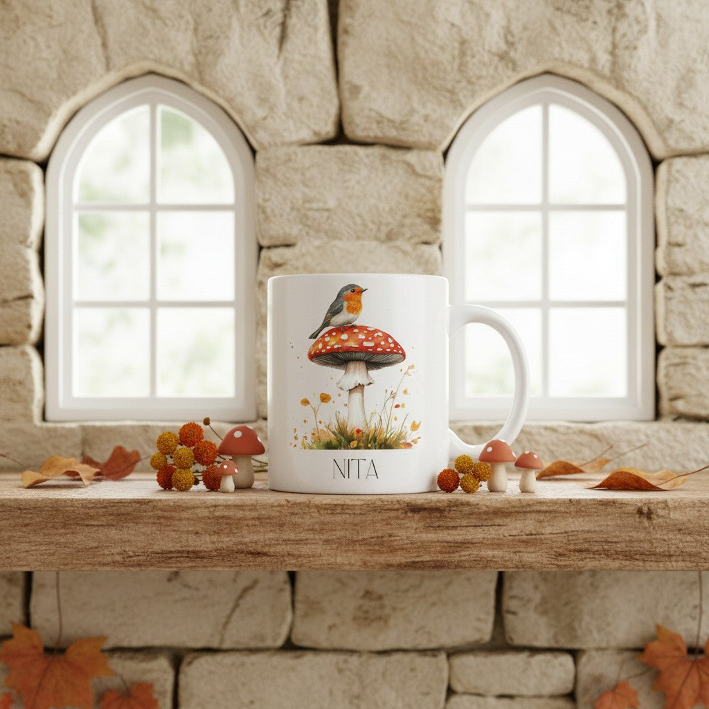 White mug with a mushroom and robin design on a stone surface with autumn decorations.