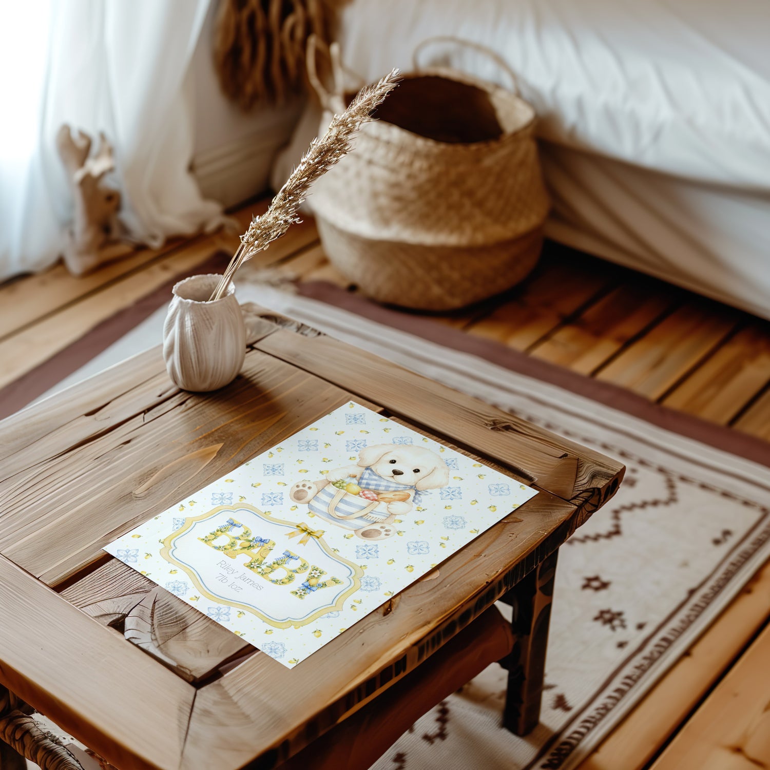 A personalised baby card featuring a teddy bear and the name and baby weight styled on a rustic wooden table in a cosy, boho-themed nursery setting.