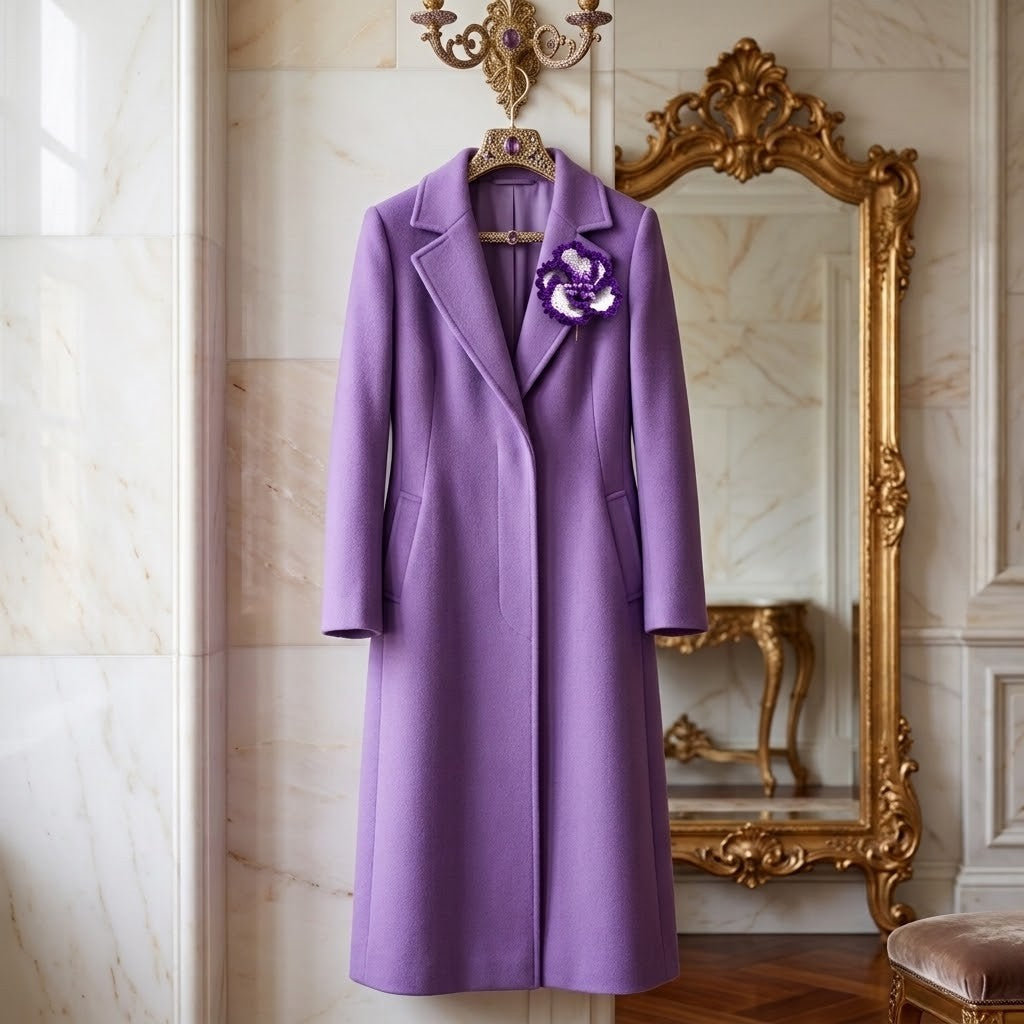 A lavender-purple wool coat hangs on a gold hanger against a marble wall, featuring a decorative purple and white floral brooch pinned to the left lapel. An ornate gold mirror and candelabra are visible in the background.
