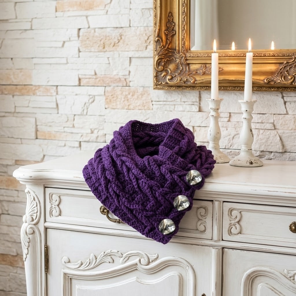 A chunky cable-knit purple cowl scarf draped over an ornate white cabinet, decorated with three silver rhinestone buttons, set against a rustic white brick wall with a gold mirror and lit candles.