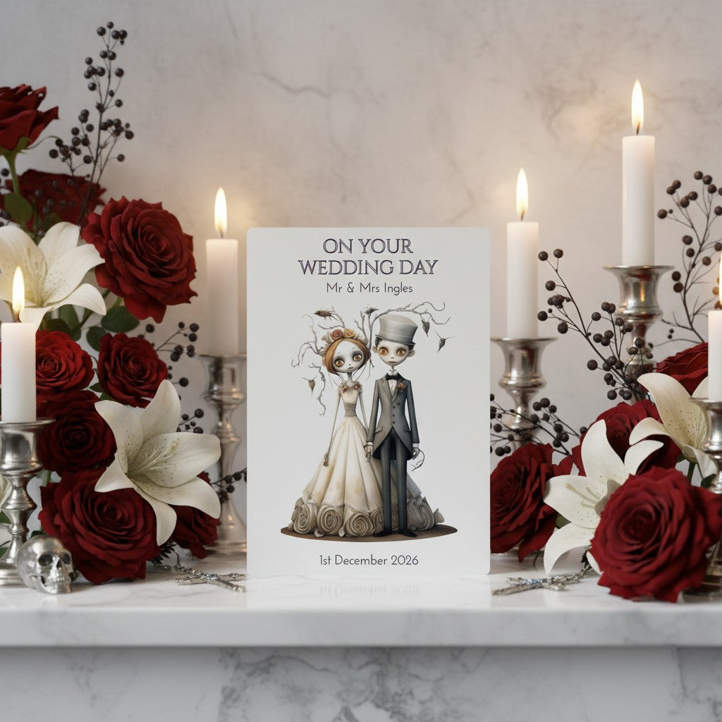 Wedding card with cartoon bride and groom surrounded by red and white flowers and candles on a marble surface.
