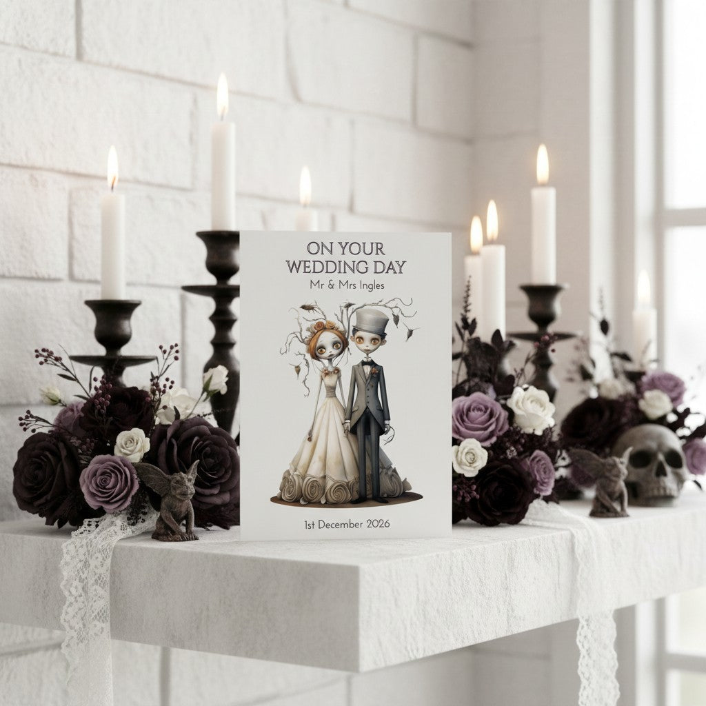 Personalised wedding card with illustrations of a bride and groom on a table with candles and flowers.