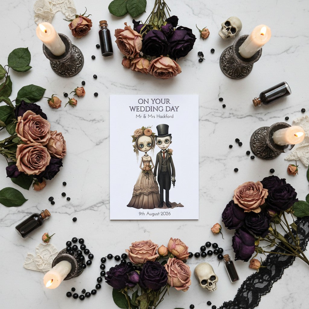 Wedding card with cartoon bride and groom surrounded by flowers and candles on a marble surface