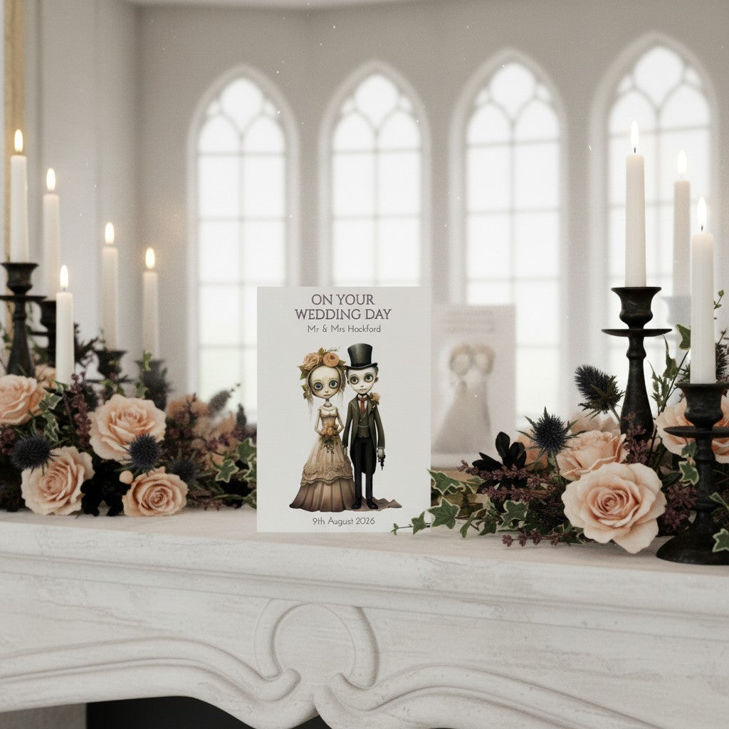 Decorative wedding card with a gothic couple illustration on a mantelpiece with flowers and candles.