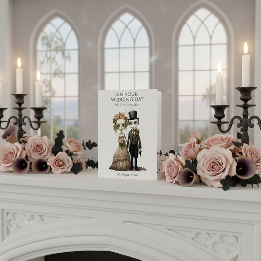 Wedding card titled 'On Your Wedding Day' on a fireplace mantel with flowers and candles.
