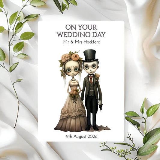 Wedding card with cartoon gothic bride and groom illustration on a white background with green leaves.
