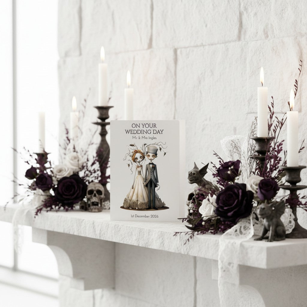 Decorative mantel with candles, flowers, and a wedding card of a couple on a white wall.