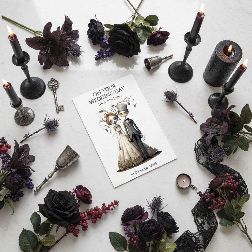 Wedding card with black candles, flowers, and decorative elements on a white background