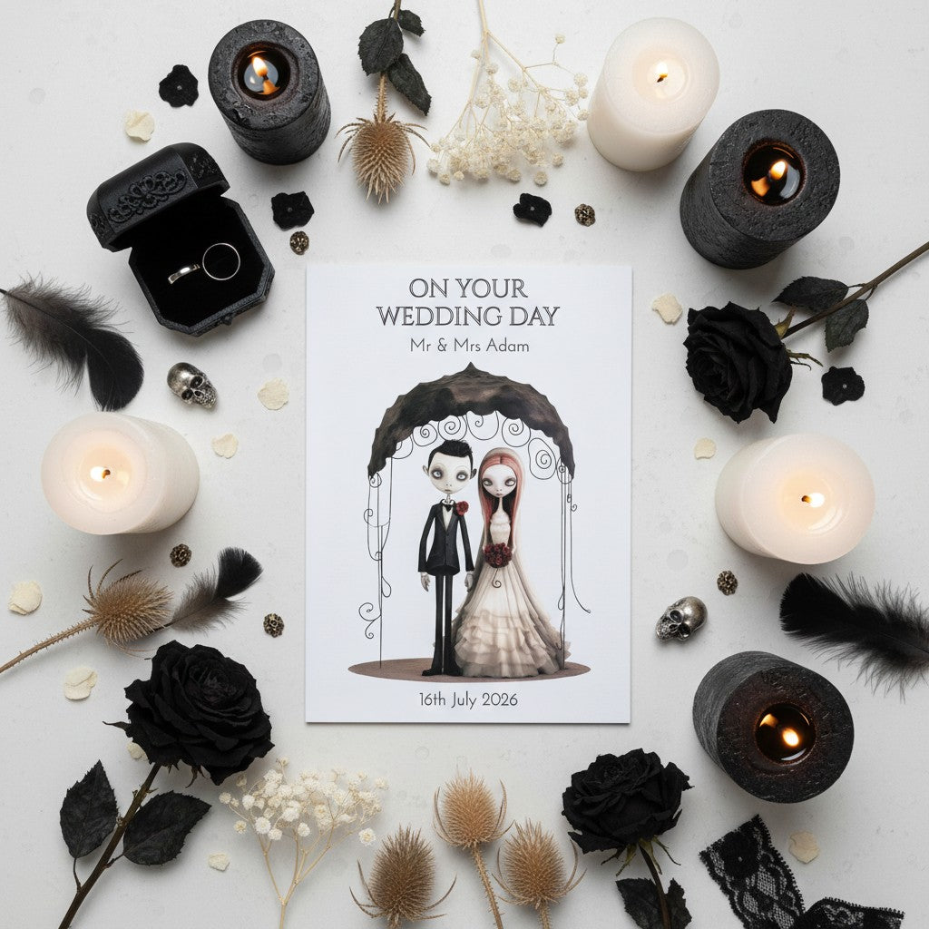 Wedding card with illustration of a couple, surrounded by candles and flowers on a white background