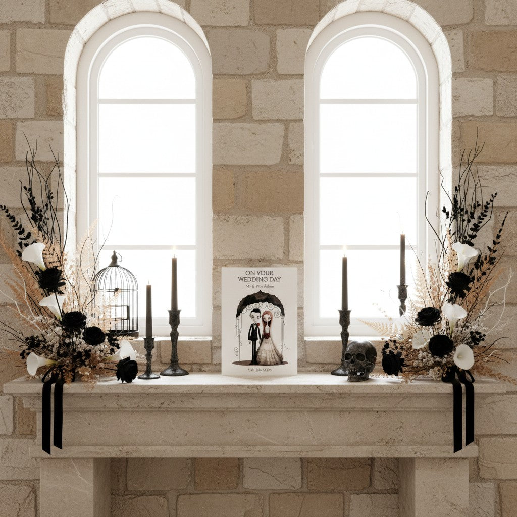Decorative mantel with candles, flowers, and a handmade wedding card against a stone wall.