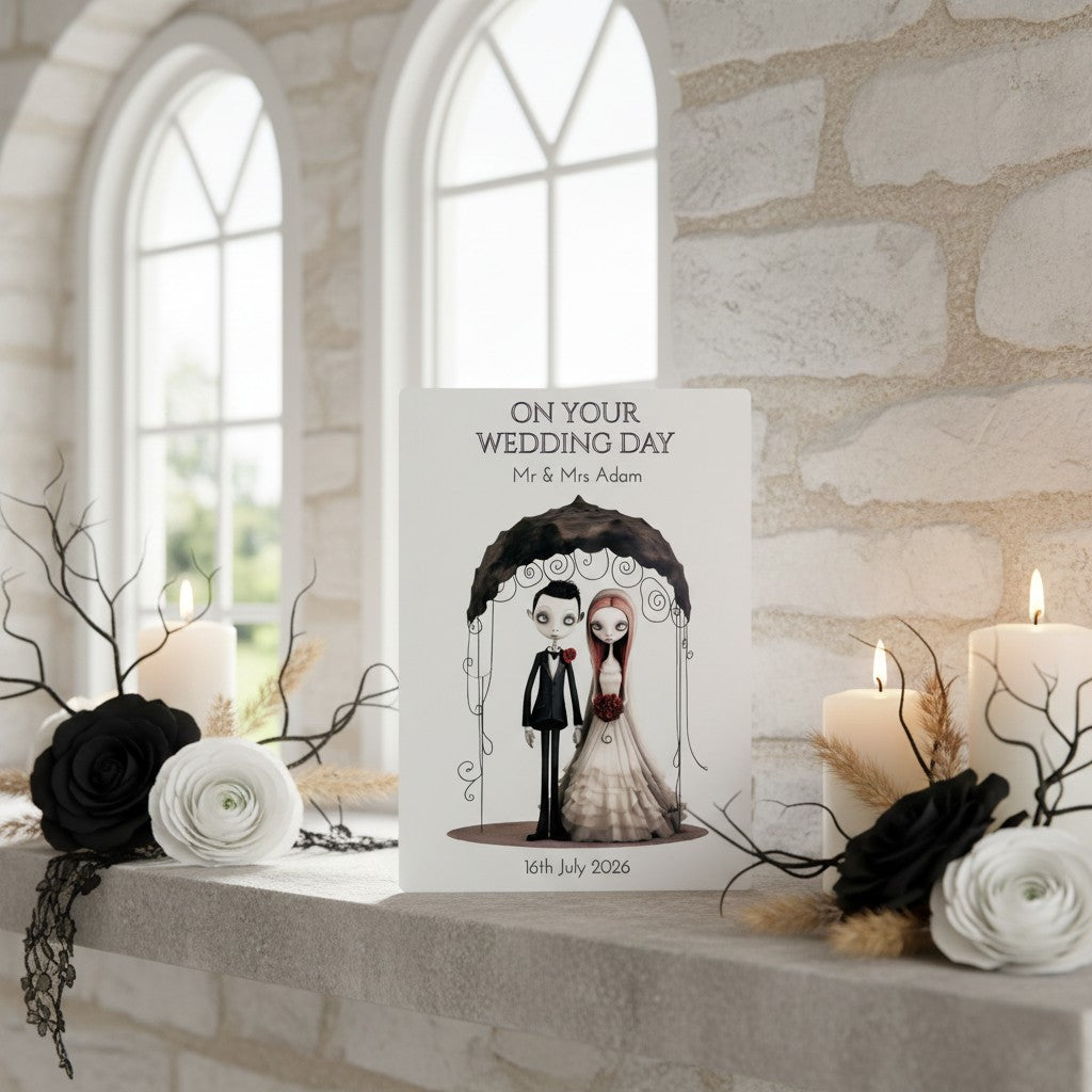 Personalised wedding card with a couple illustration on a decorative table with candles and flowers.