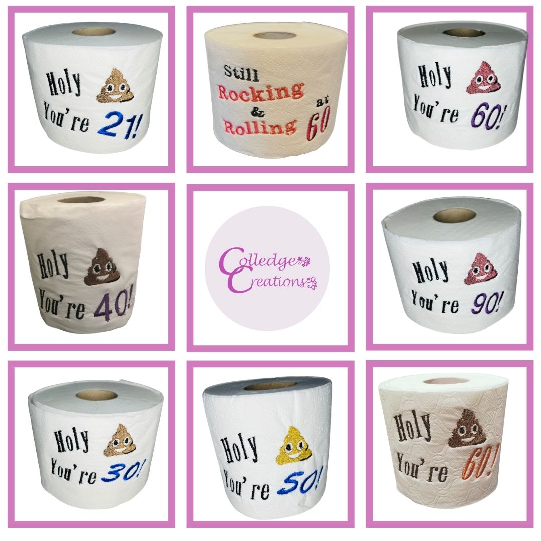 Image showing some of the embroidery options for our custom novelty toilet rolls