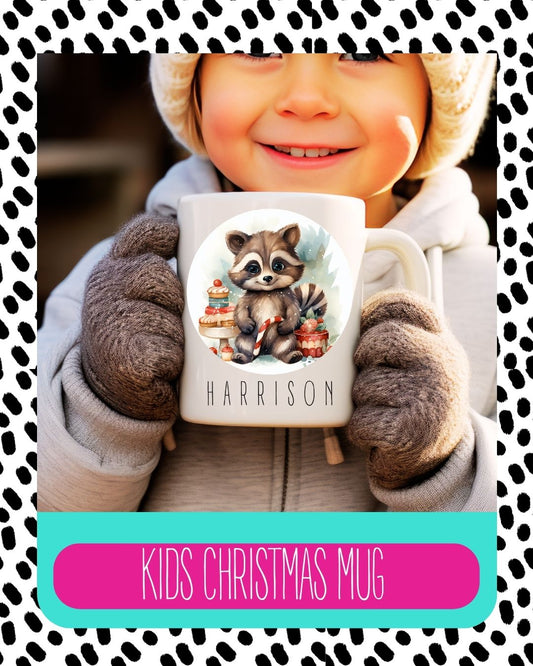 A child holding a white coffee mug with a personalised text and a cute animal illustration.
