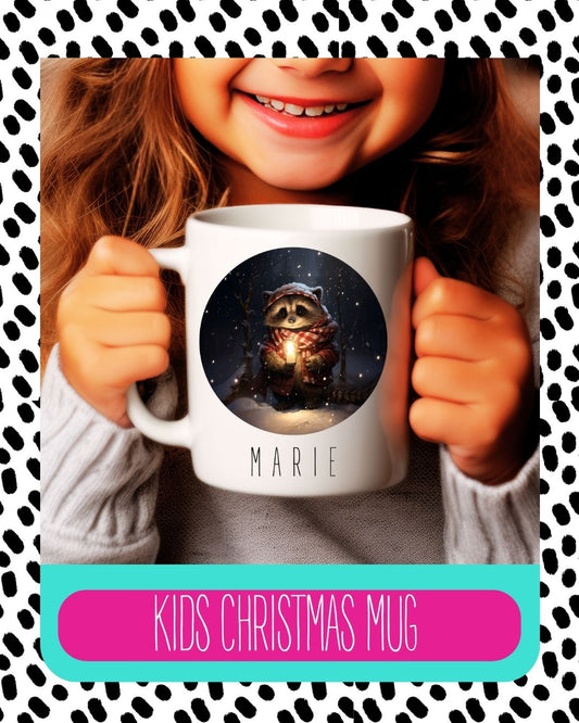 A child holding a white ceramic mug with a personalised text and a raccoon design in a Santa hat.