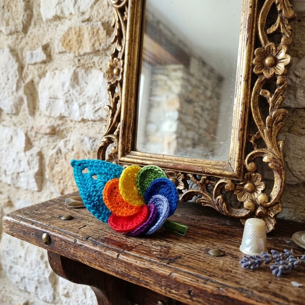 A handmade rainbow-coloured crochet flower brooch displayed on a rustic wooden table next to an ornate gold mirror, with a stone wall in the background.