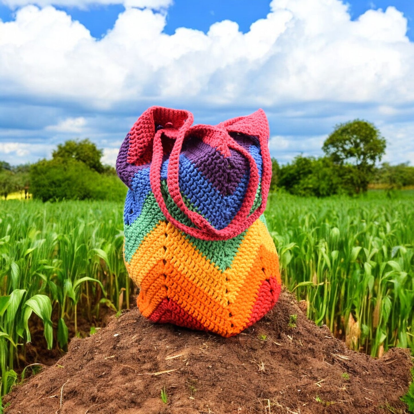 Colorful crochet bag , placed on a mound of earth with a green field and blue sky in the background.