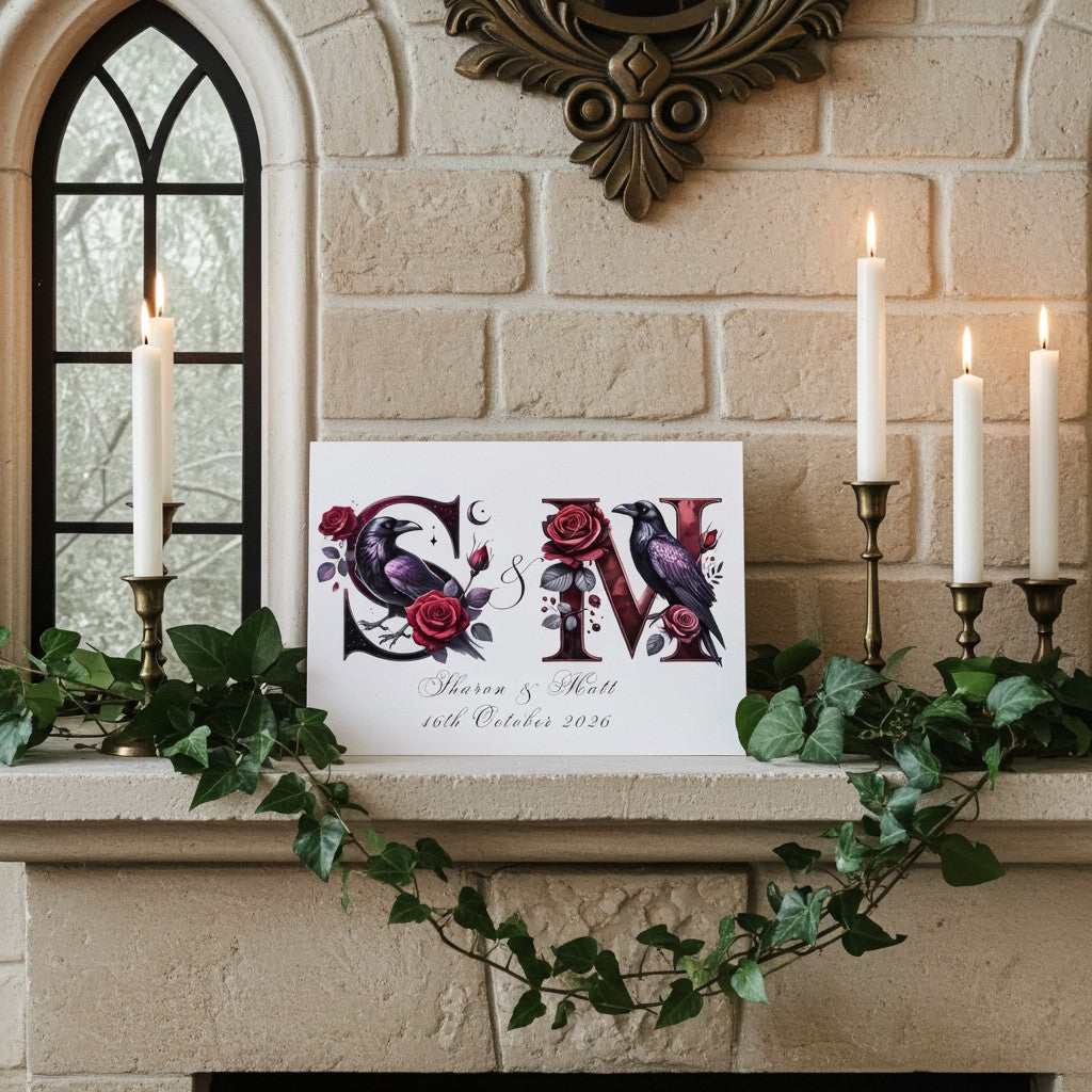 Decorative mantel with candles, greenery, and a personalised raven wedding card.