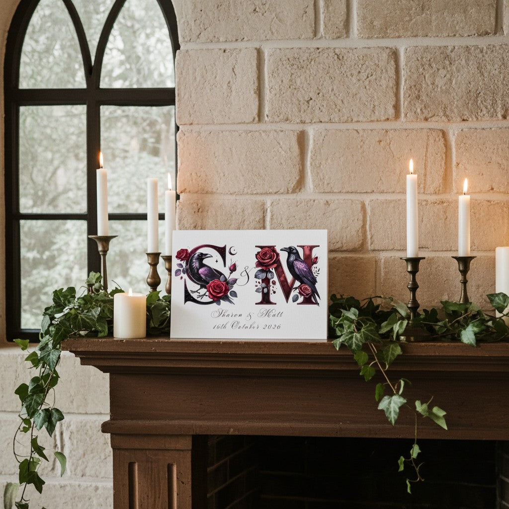Decorative wedding card with floral and bird design on a fireplace mantle with candles and greenery.