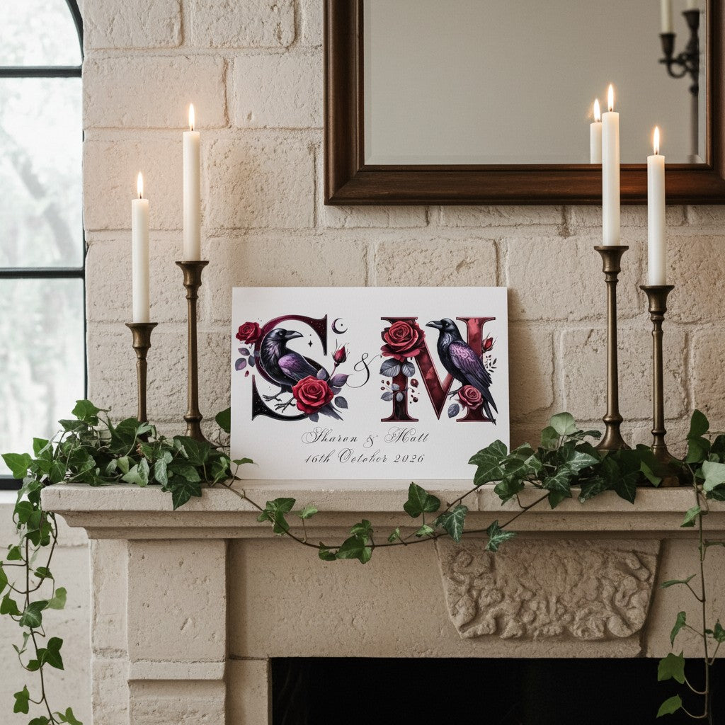 Decorative wedding card with initials and ravens on a fireplace mantel with candles and greenery.