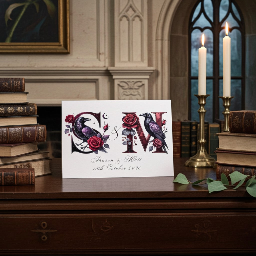 Decorative card with crows and roses on a wooden surface with books and candles in the background